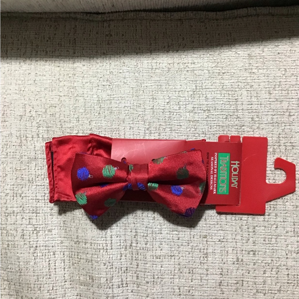 Hallmark Red Bow Tie with Multicolor Polka Dots and Pocket Square